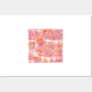 French country mansion watercolor sketch in pink and orange Posters and Art